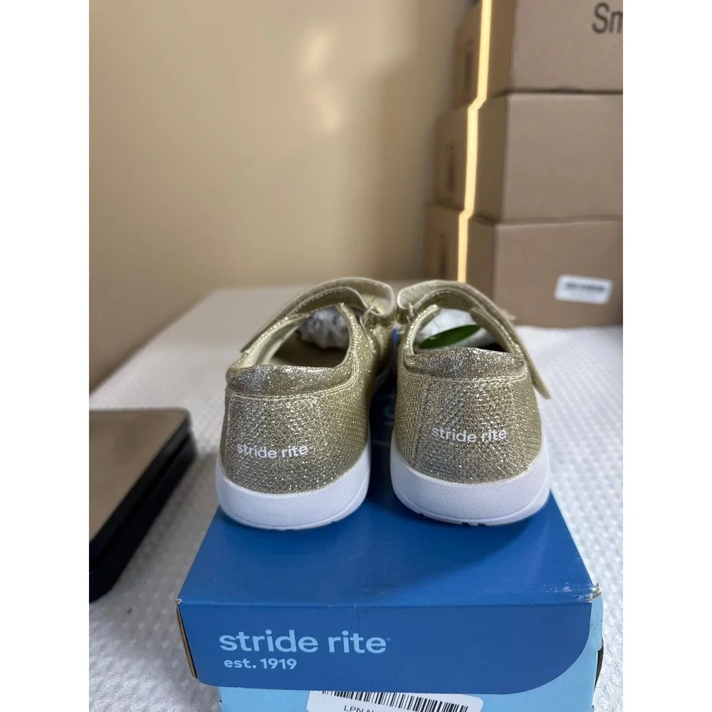 Stride Rite Mary Jane Kids 2M Holly Champagne Gold Glitter Flower NIB
